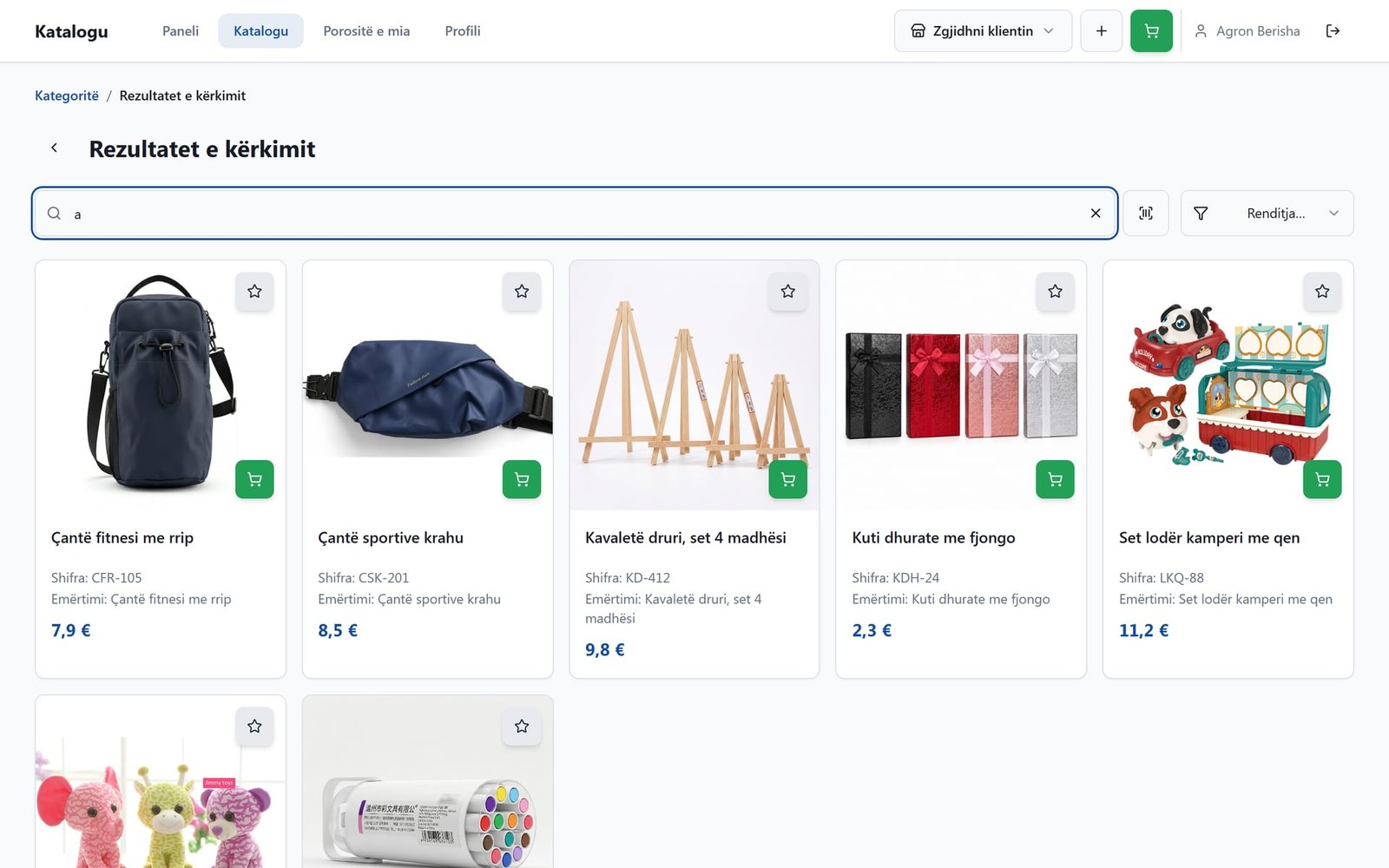 The agent catalog: products with professional photos, codes, prices and add to cart